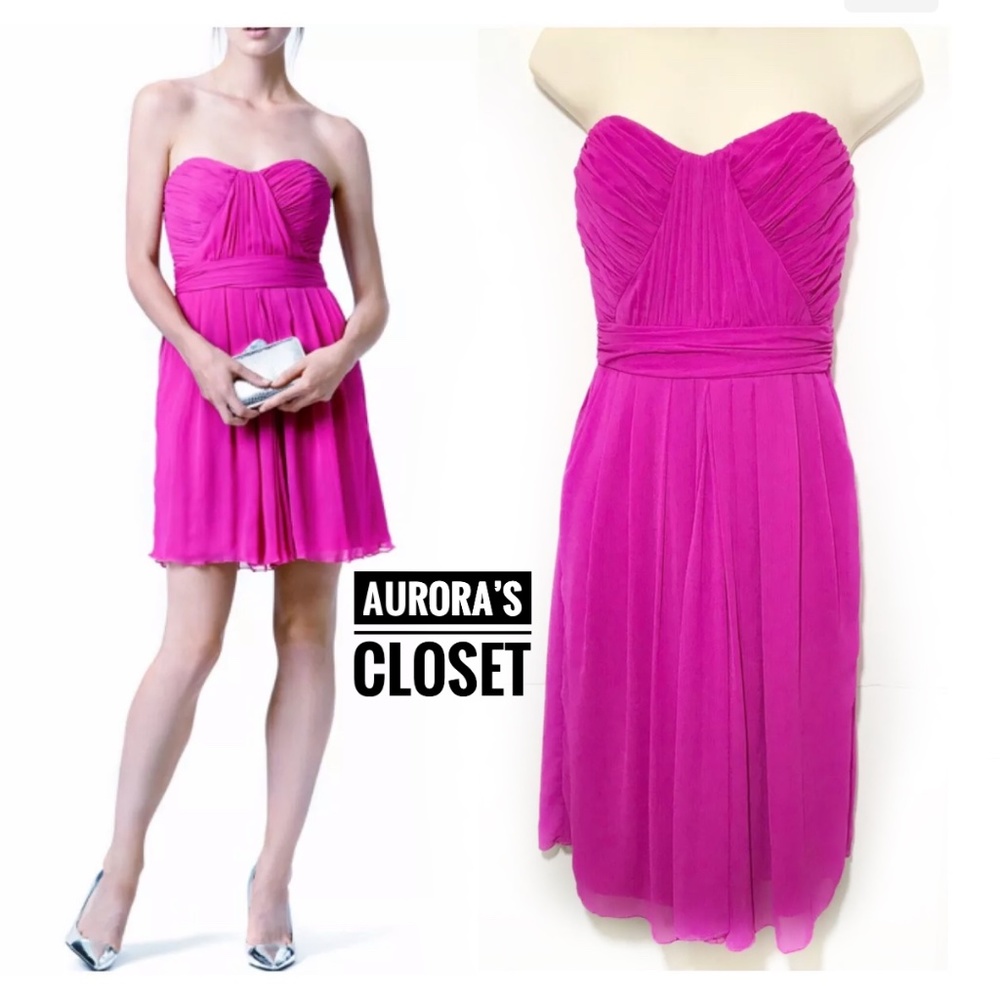 Badgley Mischka 0 Pink Silk Strapless Mini Dress Pleated Chiffon Sweetheart